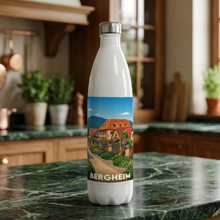 Gourde blanche souvenir de la ville de Bergheim avec une illustration stylisée de maisons alsaciennes fleuries.