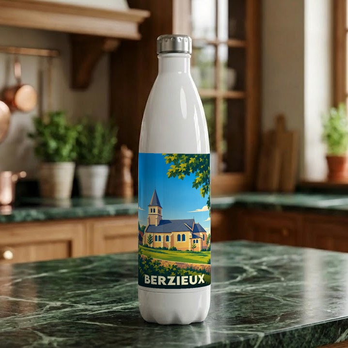 Gourde souvenir de la ville de Berzieux avec une illustration stylisée de son église.