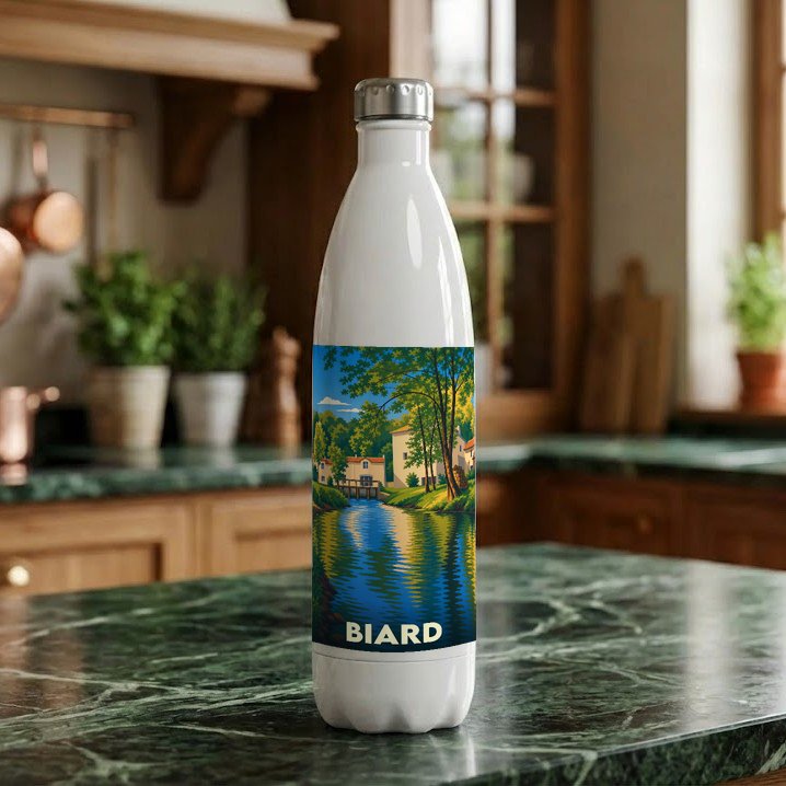 Gourde souvenir de la ville de Biard ornée d'une illustration stylisée d'un paysage de bord de rivière.