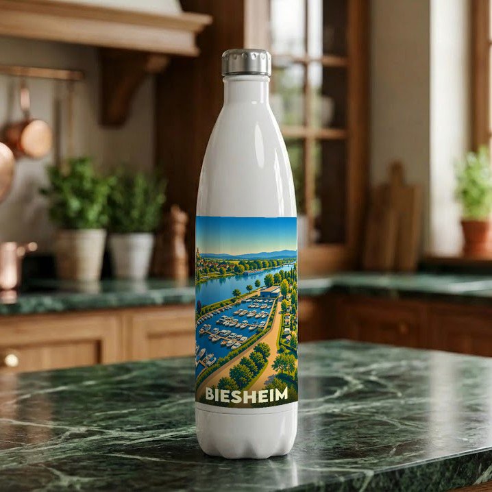 Gourde blanche souvenir de la ville de Biesheim avec une illustration stylisée d'un port de plaisance.
