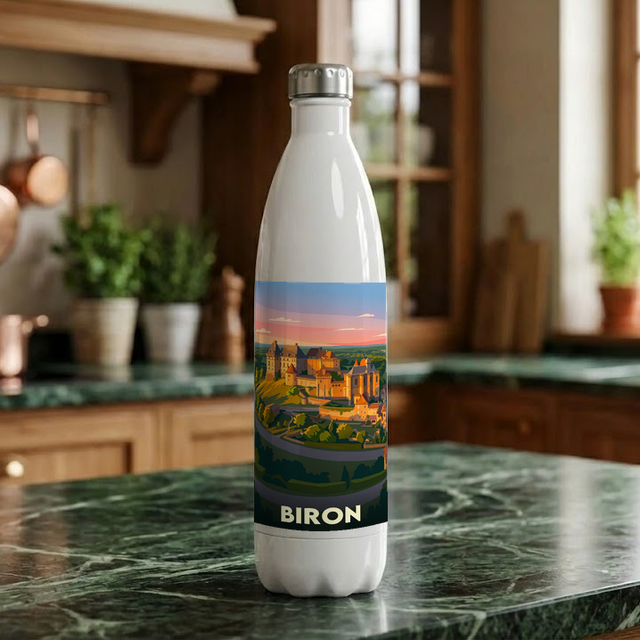 Gourde souvenir de la ville de Biron avec une illustration stylisée de son château.