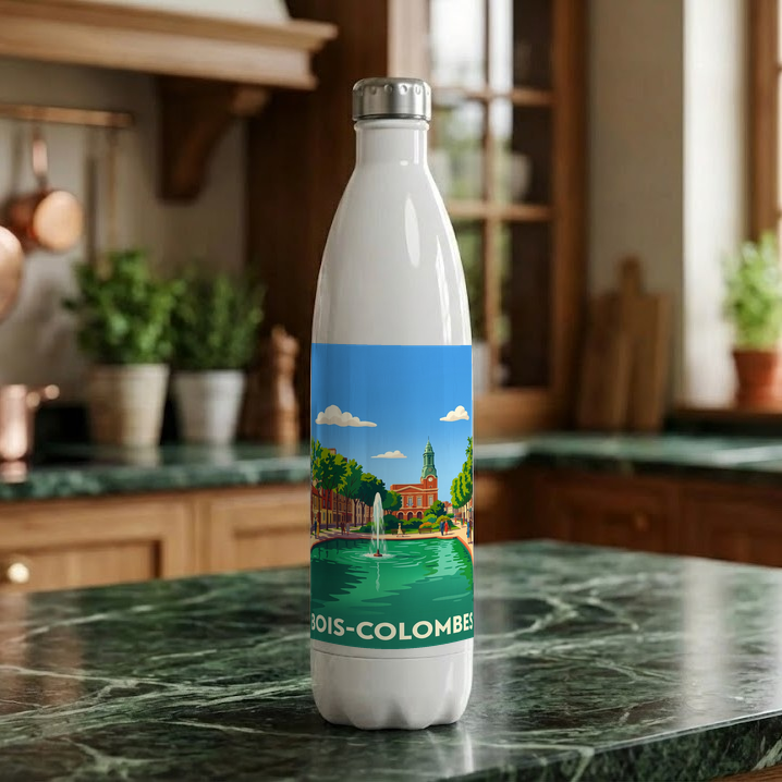Gourde souvenir de la ville de Bois-Colombes avec une illustration stylisée.