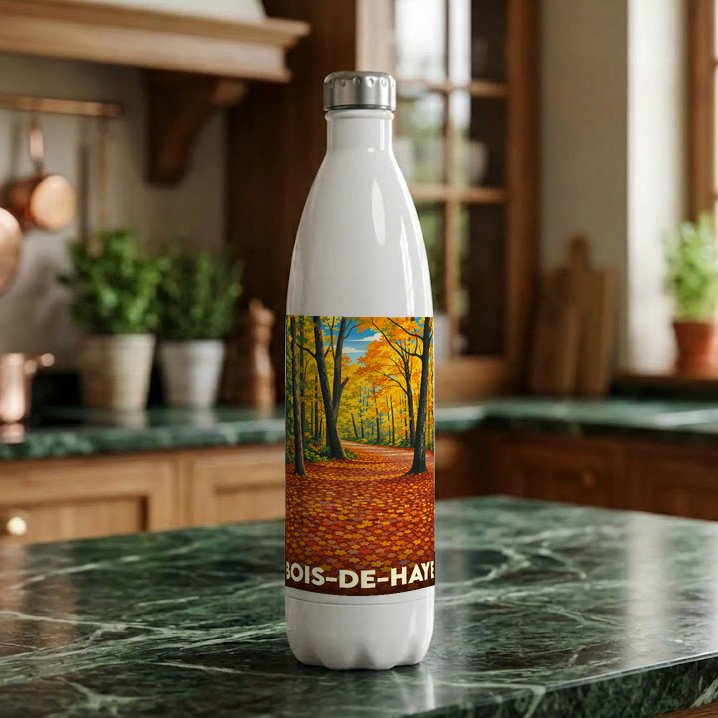 Gourde souvenir de la ville de Bois-de-Haye avec une illustration automnale stylisée.