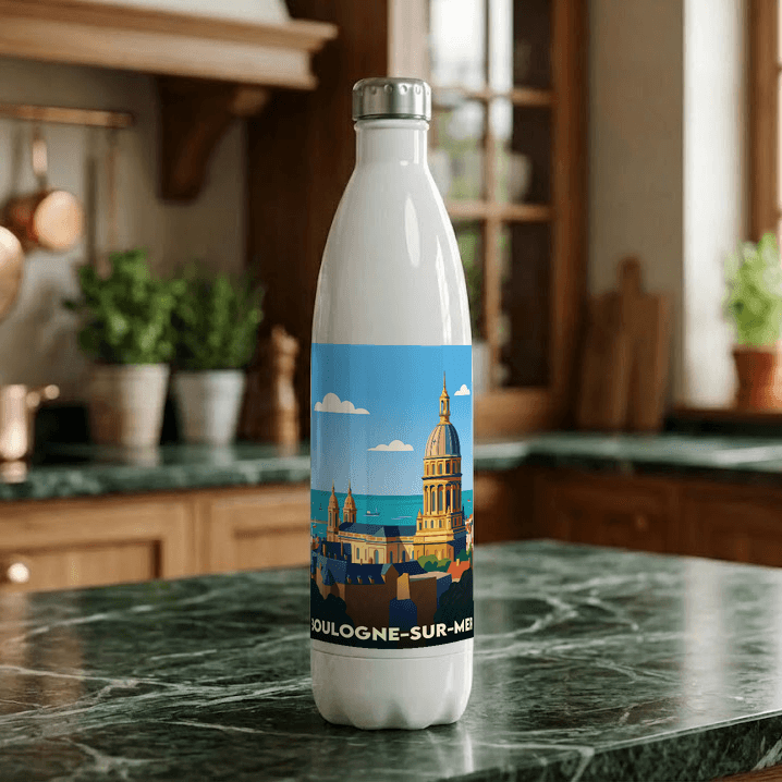 Gourde souvenir de la ville de Boulogne-sur-Mer avec une illustration stylisée.