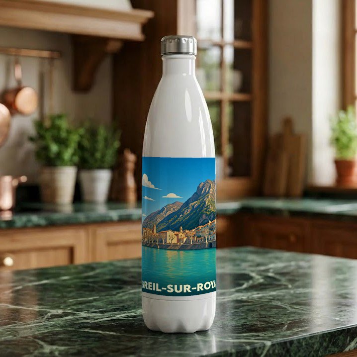 Gourde souvenir de la ville de Breil-sur-Roya avec une illustration stylisée.