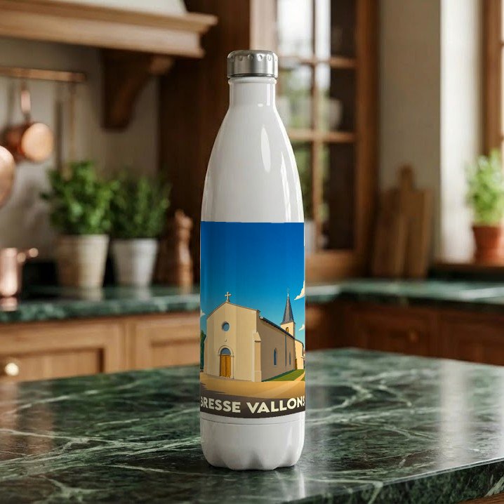 Gourde souvenir de la commune de Bresse Vallons illustrée par un dessin stylisé de son église.