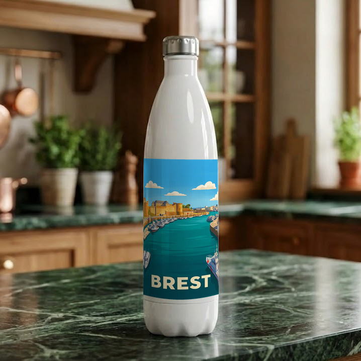 Gourde souvenir de la ville de Brest avec une illustration stylisée de son paysage portuaire.