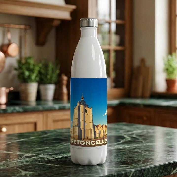 Gourde blanche souvenir de la ville de Bretoncelles avec une illustration stylisée de son église.