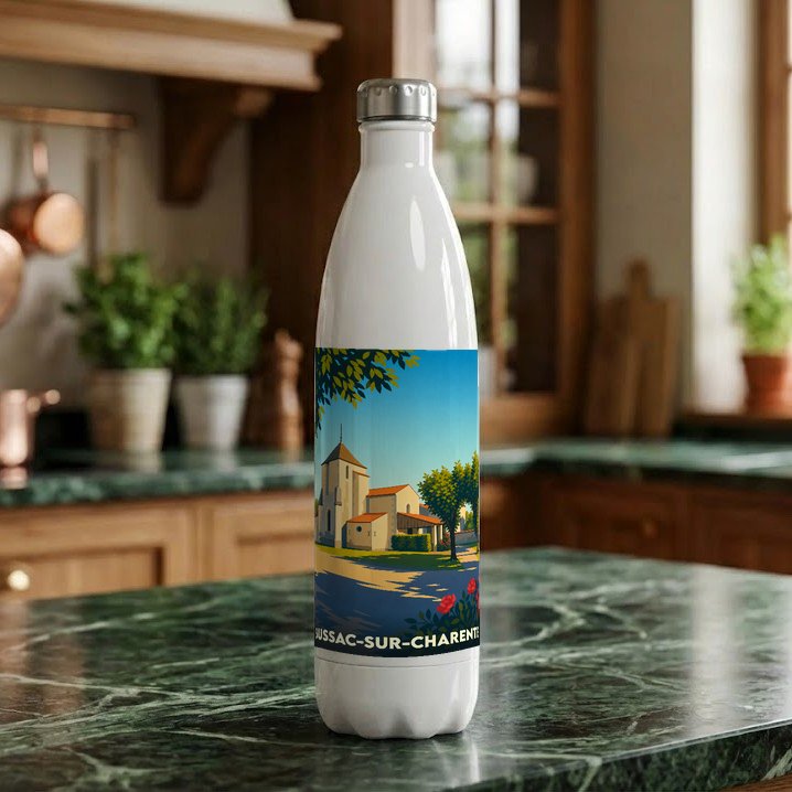 Gourde souvenir de la ville de Bussac-sur-Charente avec une illustration stylisée.
