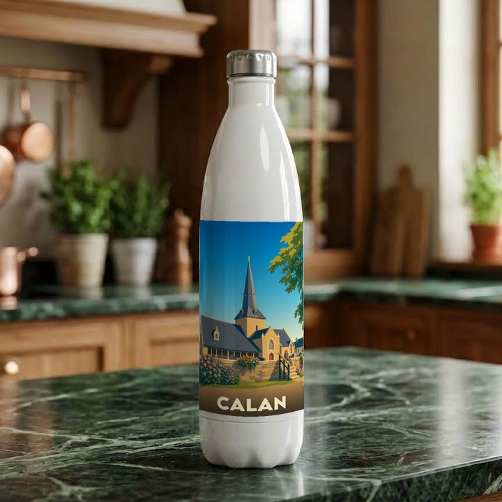Gourde souvenir de la ville de Calan avec une illustration stylisée.
