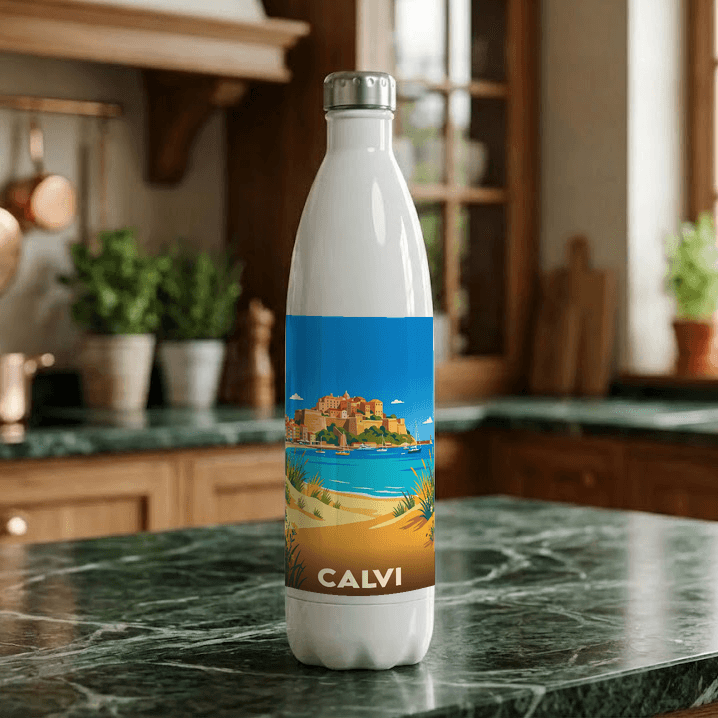 Gourde souvenir de la ville de Calvi avec une illustration stylisée.