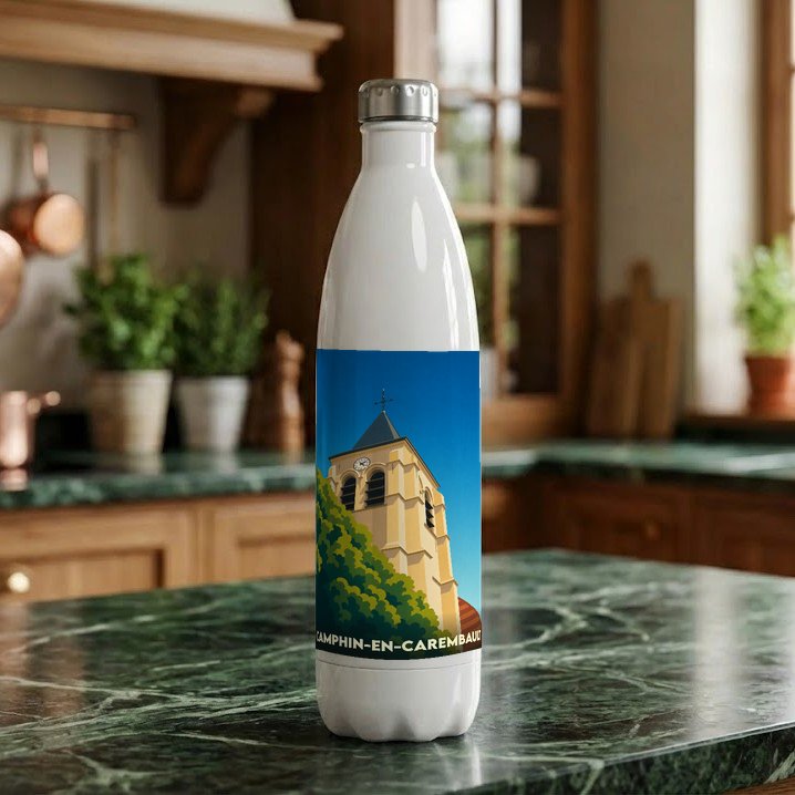 Gourde souvenir de la ville de Camphin-en-Carembault avec une illustration stylisée de son église.