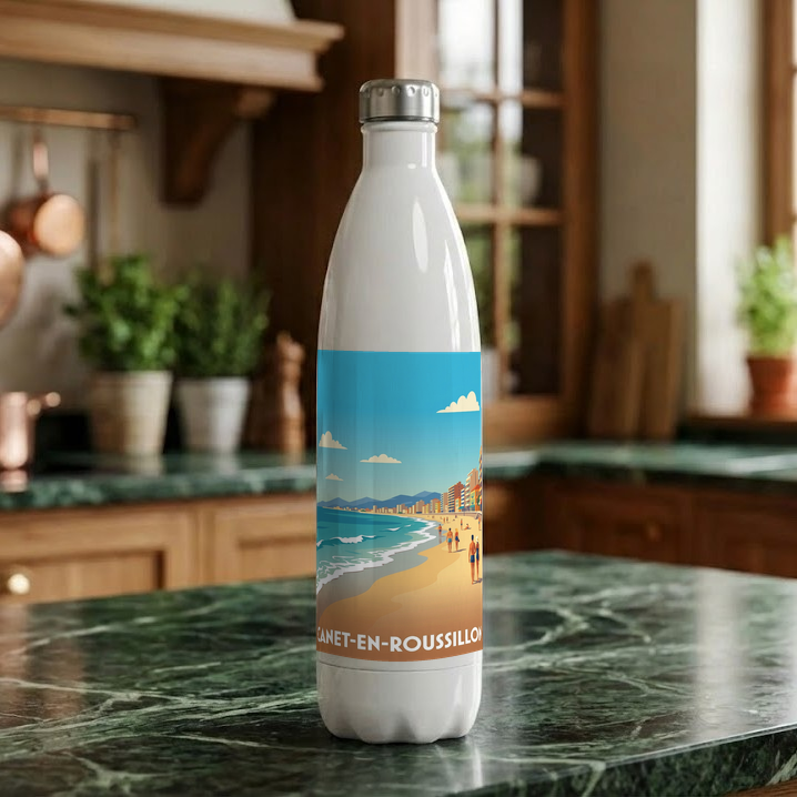 Gourde souvenir de la ville de Canet-en-Roussillon avec une illustration de plage stylisée.