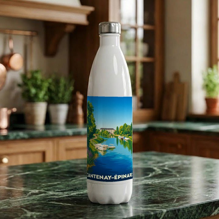 Gourde souvenir de la ville de Cantenay-Épinard avec une illustration stylisée d'un paysage fluvial.