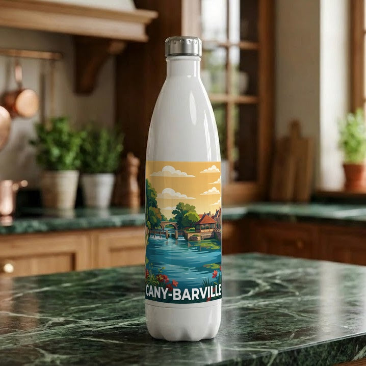 Gourde souvenir de la ville de Cany-Barville avec une illustration stylisée.