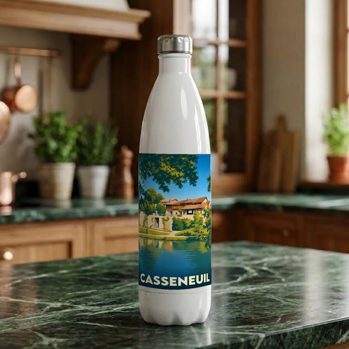 Gourde souvenir de la ville de Casseneuil avec une illustration stylisée de son paysage au bord de l'eau.