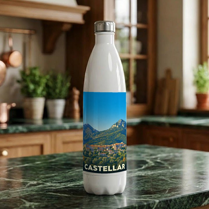 Gourde blanche souvenir de la ville de Castellar avec une illustration stylisée de son paysage montagneux.