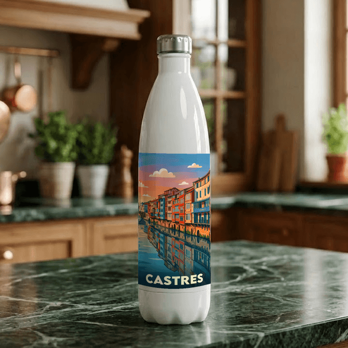 Gourde souvenir de la ville de Castres avec une illustration stylisée.