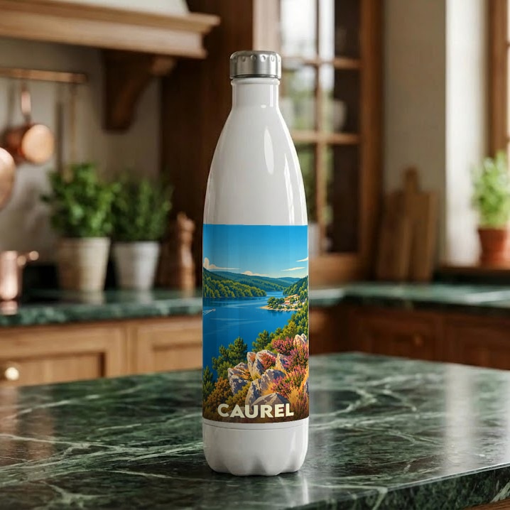 Gourde souvenir de la ville de Caurel avec une illustration stylisée de son paysage lacustre.