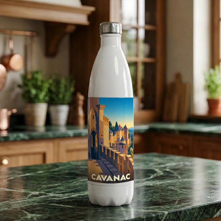 Gourde souvenir de la ville de Cavanac avec une illustration stylisée de sa citadelle médiévale.