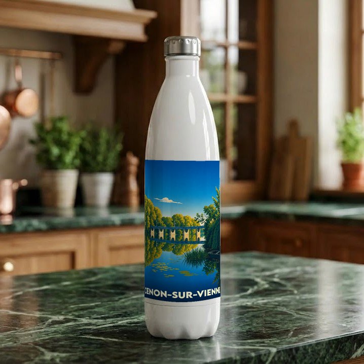 Gourde souvenir de la ville de Cenon-sur-Vienne avec une illustration paysagère stylisée.