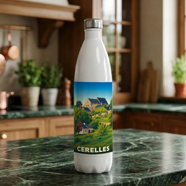 Gourde souvenir de la ville de Cerelles arborant une illustration paysagère stylisée.