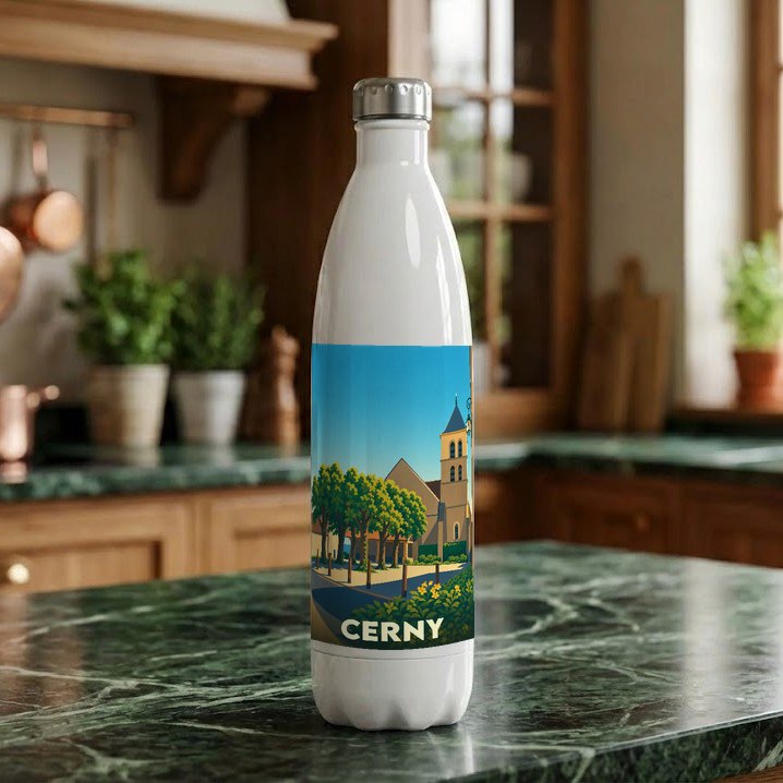 Gourde blanche souvenir de la ville de Cerny arborant une illustration stylisée de son église et de sa végétation.