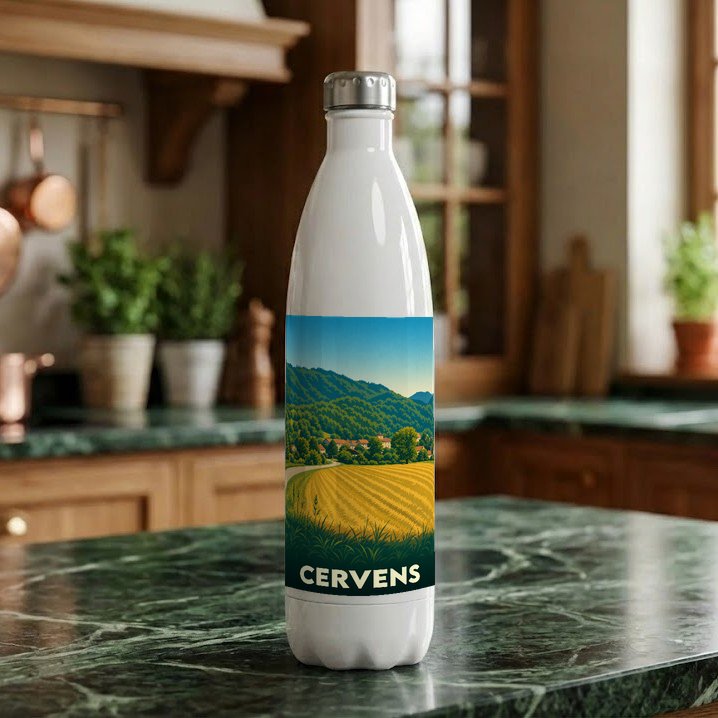 Gourde souvenir de la ville de Cervens avec une illustration stylisée de paysages montagneux et de champs.