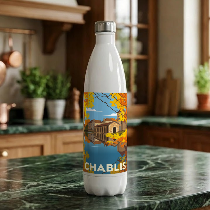 Gourde souvenir de la ville de Chablis avec une illustration stylisée.