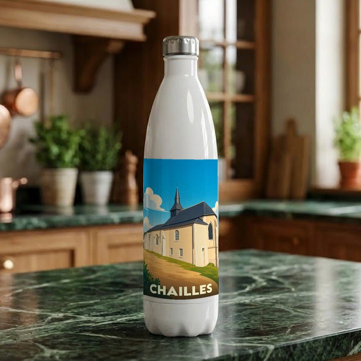 Gourde souvenir de la ville de Chailles ornée d'une illustration stylisée de son église.