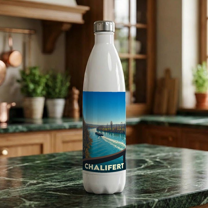 Gourde souvenir de la ville de Chalifert avec une illustration stylisée d'un bateau sur la rivière.