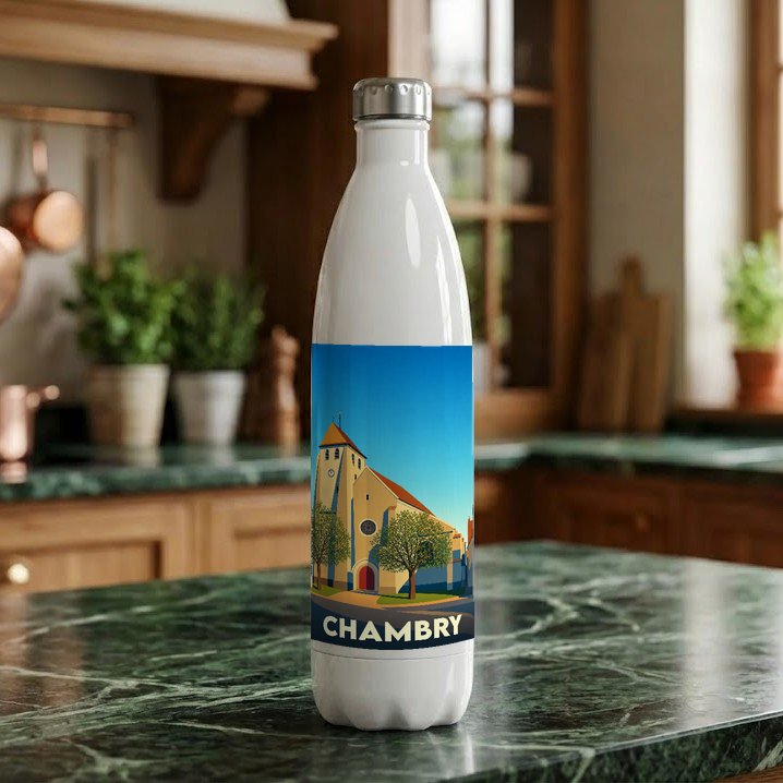 Gourde blanche souvenir de la ville de Chambry avec une illustration stylisée de son église.