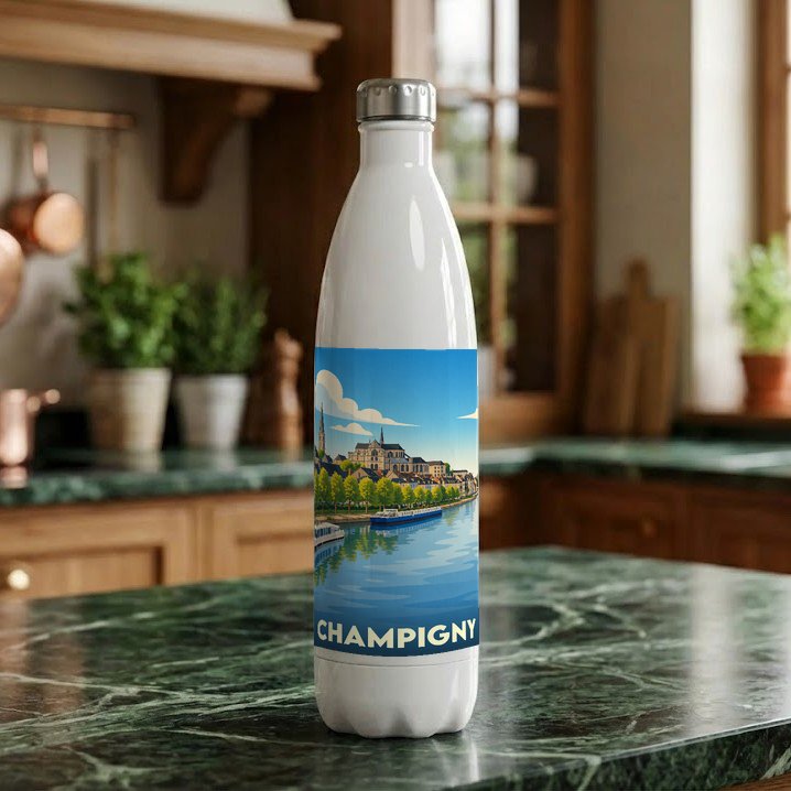 Gourde souvenir de la ville de Champigny avec une illustration stylisée des bords de Marne.