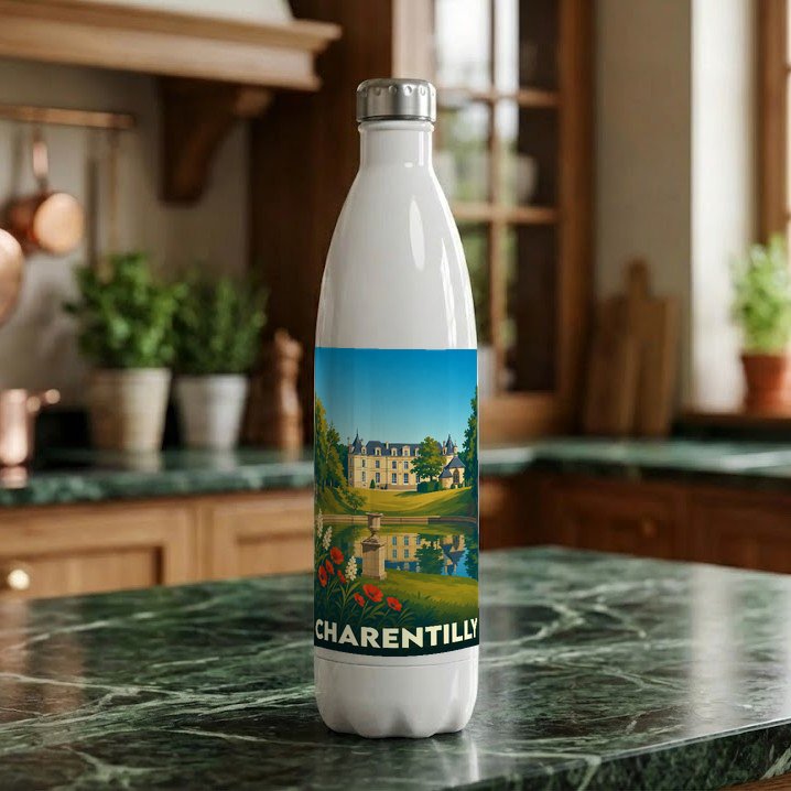 Gourde souvenir de la ville de Charentilly ornée d'une illustration stylisée de son château.