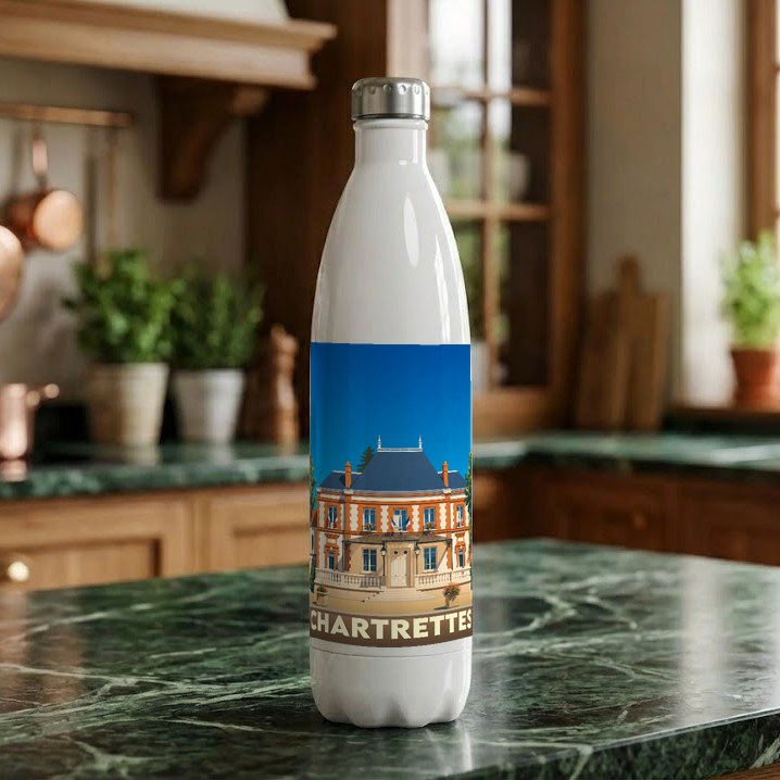 Gourde souvenir de la ville de Chartrettes avec une illustration stylisée de sa mairie.