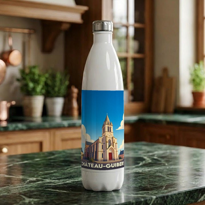 Gourde blanche souvenir de la ville de Château-Guibert avec une illustration stylisée de son église.