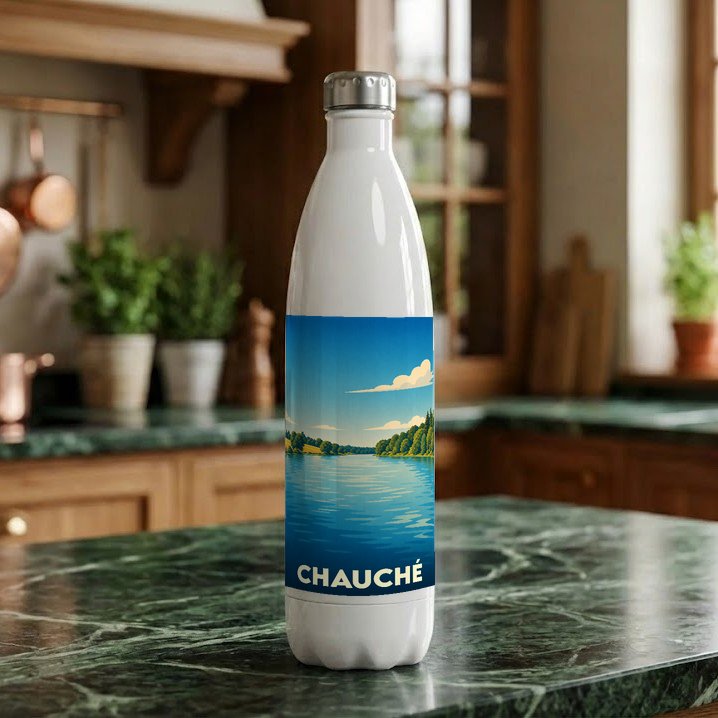 Gourde souvenir de la ville de Chauché avec une illustration stylisée d'un paysage lacustre.