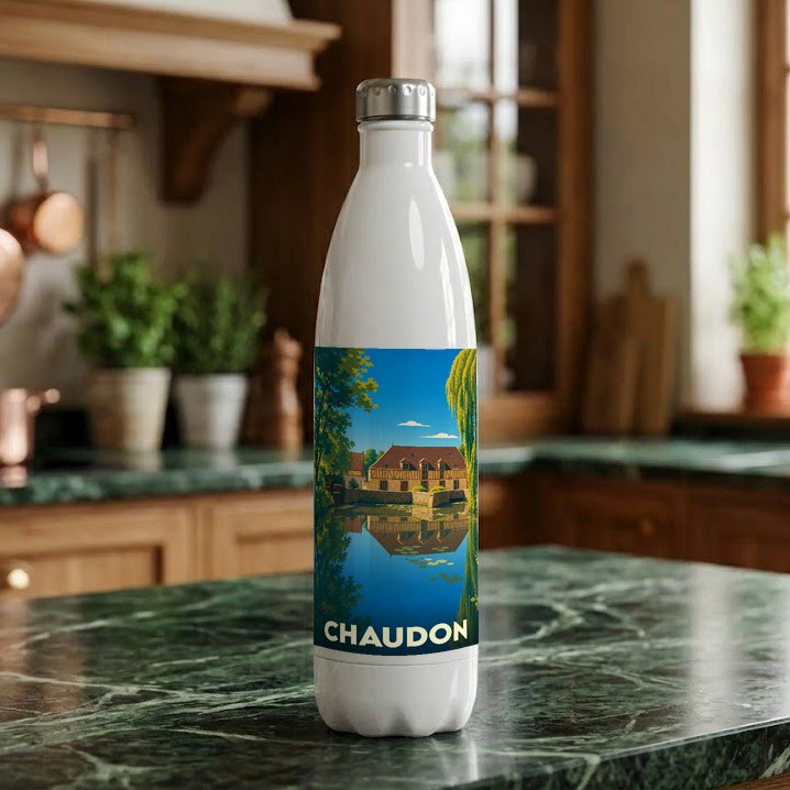 Gourde blanche souvenir de la ville de Chaudon avec une illustration stylisée d'un moulin au bord de l'eau.