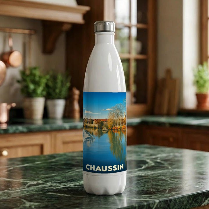 Gourde souvenir de la ville de Chaussin avec une illustration de paysage au bord de l'eau.