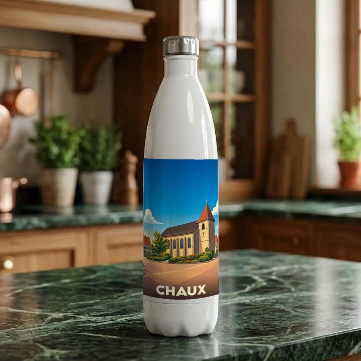 Gourde souvenir de la ville de Chaux arborant une illustration stylisée de son église.