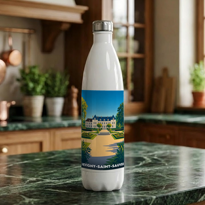 Gourde blanche souvenir de la ville de Chevigny-Saint-Sauveur avec une illustration stylisée d'un château et de ses jardins.