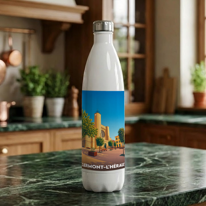 Gourde souvenir de la ville de Clermont-l'Hérault avec une illustration stylisée de son église et de sa place.