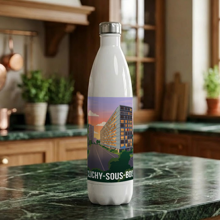Gourde souvenir de la ville de Clichy-sous-Bois avec une illustration stylisée d'un grand ensemble au crépuscule.