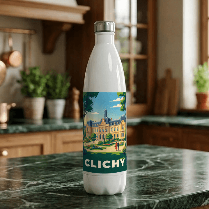 Gourde souvenir de la ville de Clichy avec une illustration stylisée.