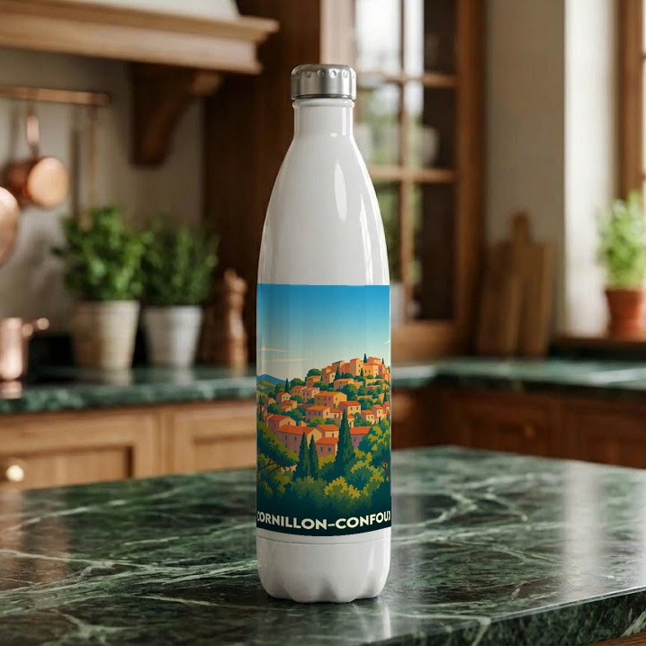 Gourde souvenir de la ville de Cornillon-Confoux avec une illustration stylisée.