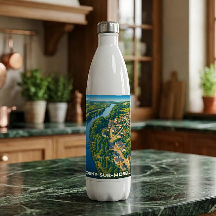 Gourde souvenir de la ville de Corny-sur-Moselle avec une illustration panoramique de la vallée.