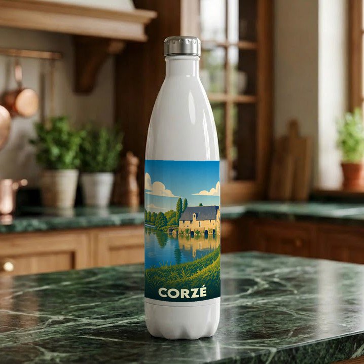 Gourde souvenir de la ville de Corzé avec une illustration stylisée d'un moulin au bord de l'eau.