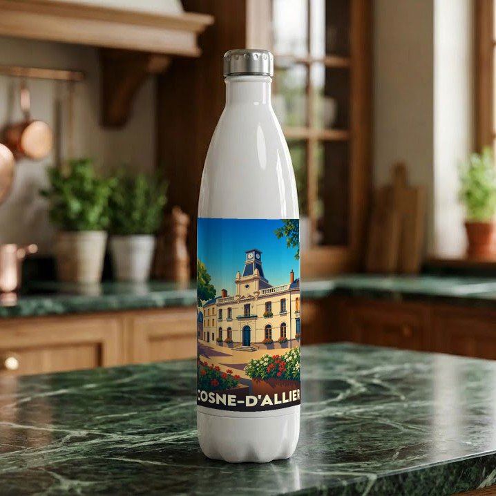 Gourde blanche souvenir de la ville de Cosne-d'Allier ornée d'une illustration stylisée de son hôtel de ville.