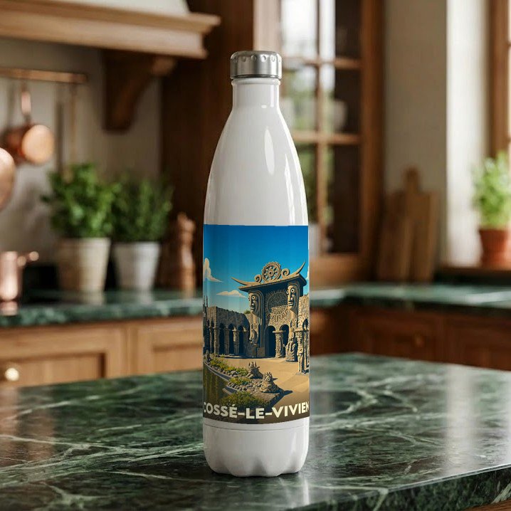 Gourde souvenir de la ville de Cossé-le-Vivien avec une illustration stylisée de son patrimoine.