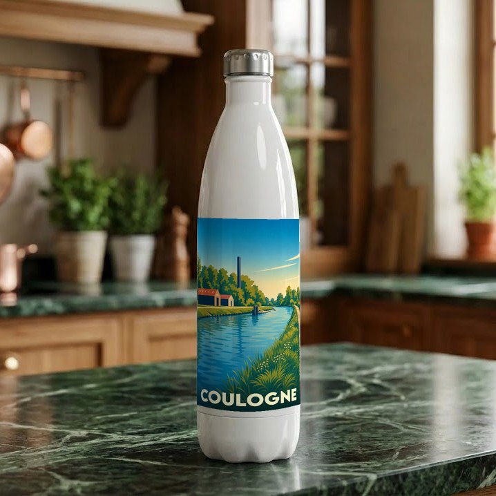 Gourde blanche souvenir de la ville de Coulogne avec une illustration stylisée d'un paysage de canal.